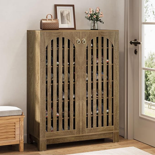 Tribesigns Shoe Cabinet with Shutter Doors, 6-Tier Shoe Storage Cabinet, Entryway Shoe Rack Organizer with Adjustable Shelves for Living Room, Bedroom, Natural Wood