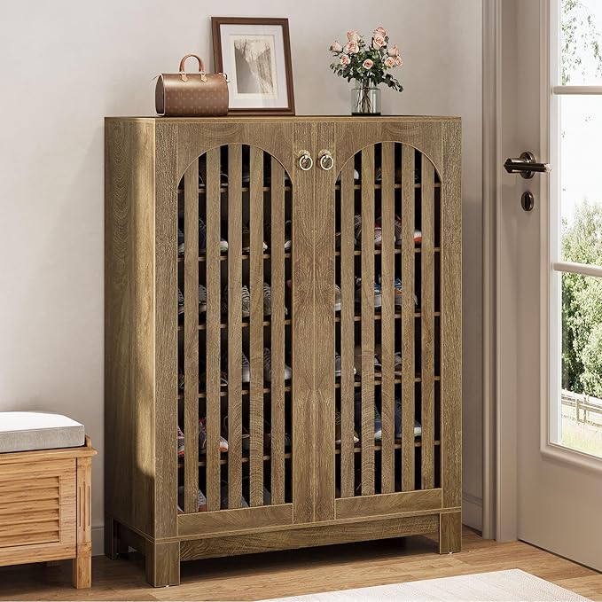 Tribesigns Shoe Cabinet Set of 2, Wood Shoe Organizer Cabinet with Doors & Adjustable Shelves, Shoe Storage Rack for Entryway, Living Room, Bedroom