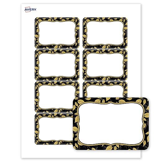 Avery Printable Adhesive Name Badges, 2-1/3" x 3-3/8", Pre-Printed Flourished Black Border w/Golden Leaves Design, Matte White, Laser & Inkjet Compatible, 80 Total