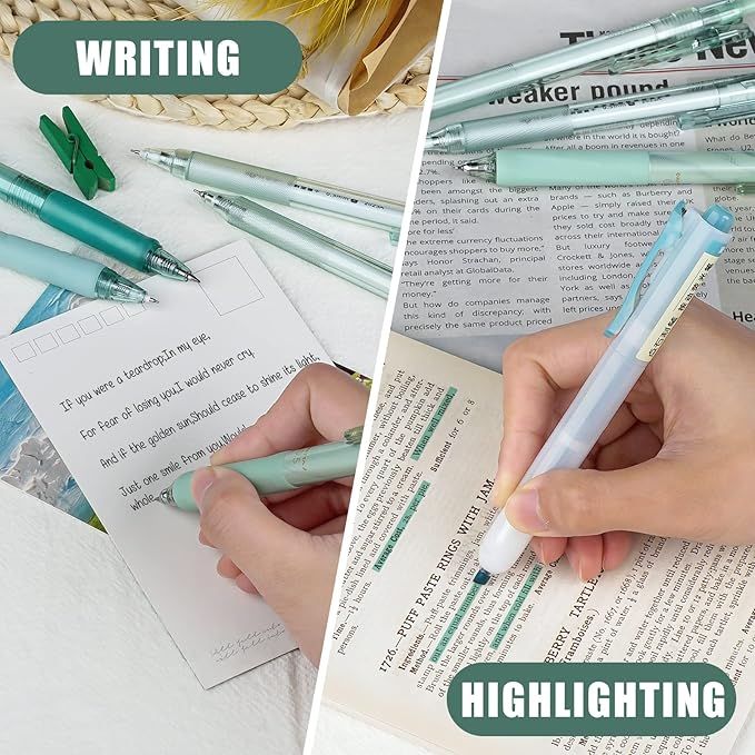 Four Candies Forest Series Gel Pens, Black & Green Ink Fine Point Smooth Writing Pens and Highlighter Set, Teal Office Supplies Back to School Stationery, Set of 12