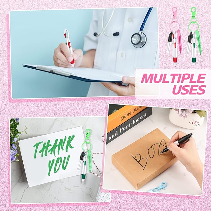 Sabary Mini Highlighter Nurse Pen Pack Set Nurse Pens for Badge Include Pink and Purple Tip Highlighter 2 Permanent Marker and 2 Retractable Ball with 2 Keychain Clip(Pink, Green)