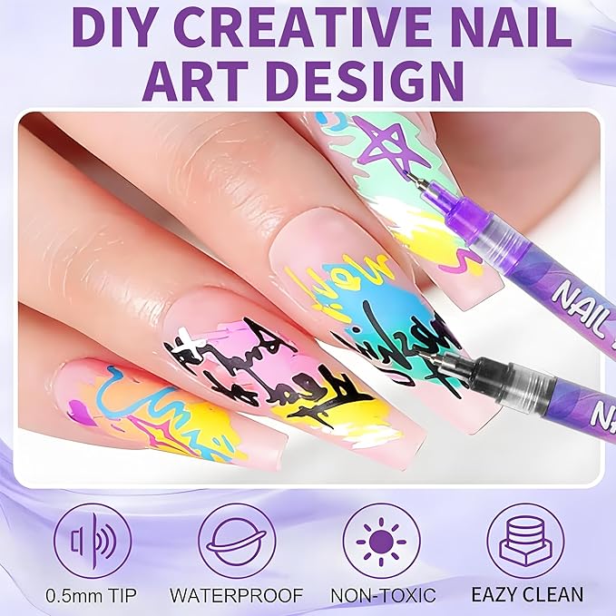 12 Colors Nails Art Pens Set,Nails Art Markers for Gel Nails,Fine Tip Nails Art Pen 0.5mm,Drawing Painting Liner Brush for DIY Nails Art Drawing Painting Tools (B-2 Sets)