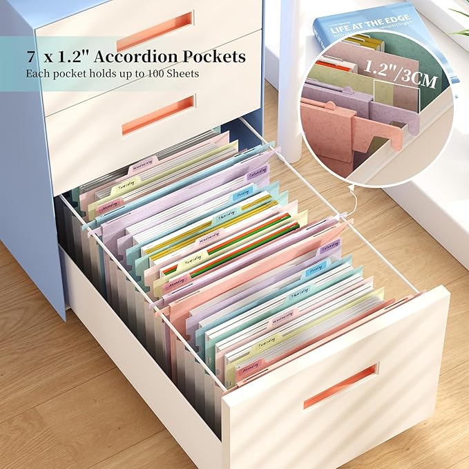 Expanding Hanging File Folders for Filing Cabinet, 7 Accordion Pockets, 1.2'' Expandable, Multi-Color Tabs, Letter Size, 50% Wheat Straw, 3 Pack (Pastel Pink)