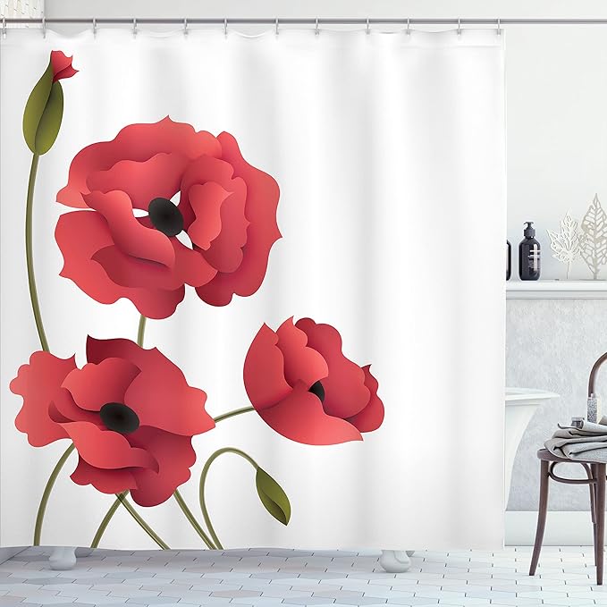 Ambesonne Floral Shower Curtain, Poppy Flowers Vivid Petals Buds Pastoral Purity Mother Earth Nature Design, Cloth Fabric Bathroom Decor Set with Hooks, 69" W x 70" L, Dark Pink