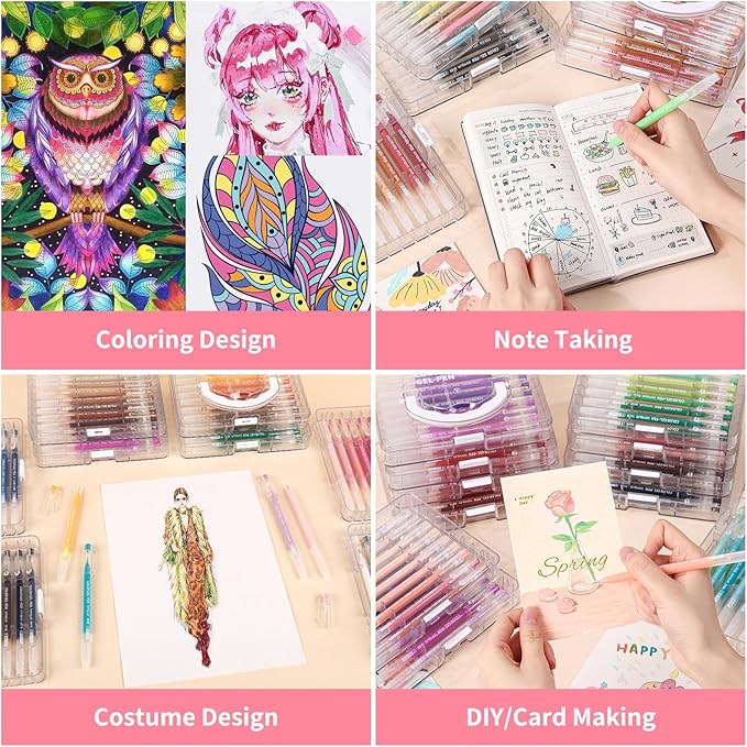 Gel Pens For Coloring, 72 Pack Colored Pens for Black Paper & White Paper, 0.6MM Fine Point Pens for Coloring, Writing, Drawing, Journaling, Note Taking, Office, Home