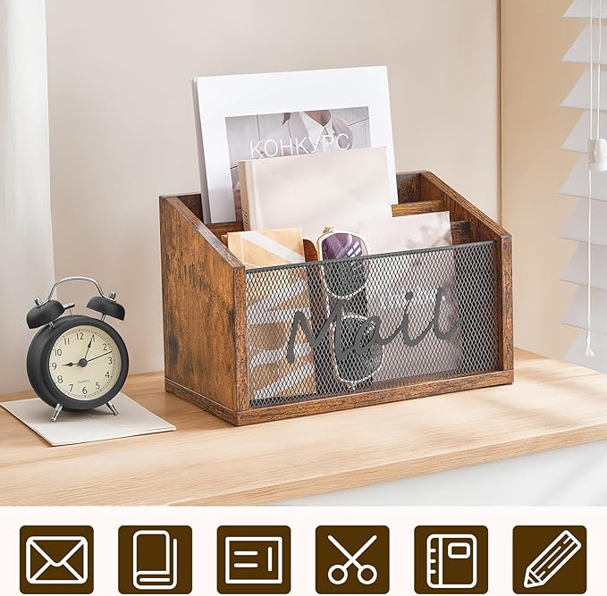 Mail Organizer Countertop, Mail Holder with 3 Slots, Mail Sorter for Desk, Wooden Office Desk Organizer, Mail Organizer for Magazines, Files, Papers, Folders, Rustic Brown and Black MR03BR