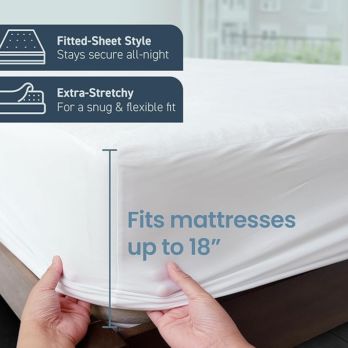 SafeRest Waterproof Twin Size Mattress Protector - Fitted with Stretchable Pockets - Machine Washable Cotton Blend Mattress Cover for Bed