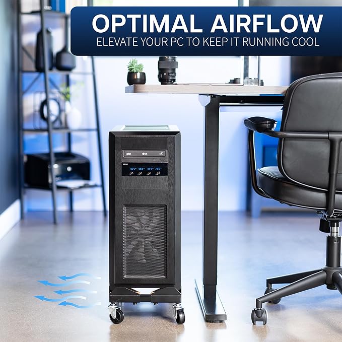 VIVO Premium Large Steel PC Cart, Rolling CPU Trolley, Adjustable Mobile Computer Stand Holder with Locking Wheels, Fits Most Gaming PCs up to 25 x 12 inches, Under Desk, Black, CART-PC03D