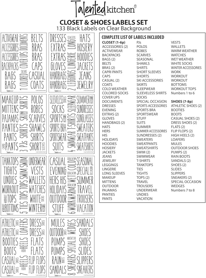 Talented Kitchen Clothing Bin Labels - Water-Resistant Closet Organizer Labels - Preprinted All-Caps Clothing Storage Tags - Organized Closet Storage - 133 Pack, 1.75 x 1.5-3.25 in, White Vinyl