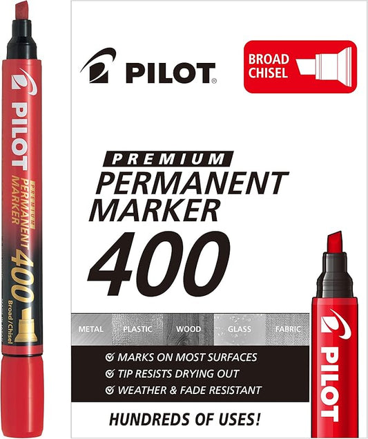 PILOT Premium 400 Permanent Markers, Broad Point Chisel Tip, Red Ink, Box of 12 (SA4-RED)