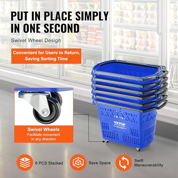 VEVOR 6 PCS Shopping Baskets, 39L Large Plastic Rolling Shopping Basket with Wheels, Shopping Carts with Handles, Portable Shopping Basket Set for Supermarkets, Grocery Shopping, Retail Stores, Blue