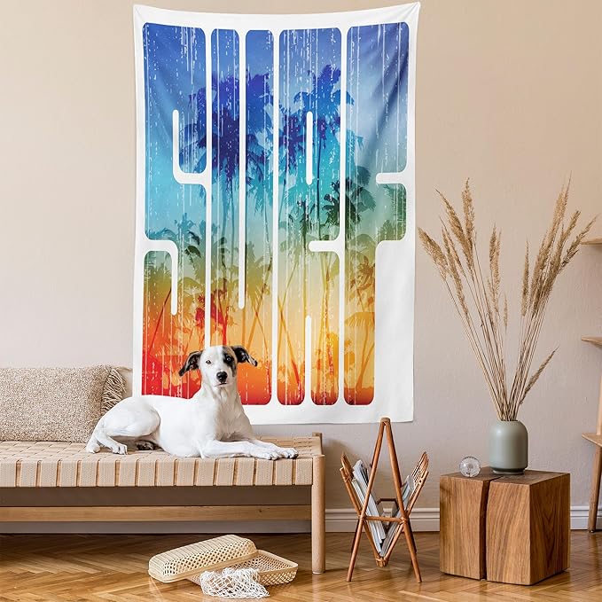 Ambesonne Surf Tapestry, Summer Theme Retro Letters That Reflect the Seacoast Palm Tree Extreme Sports Art, Fabric Wall Hanging Decor for Bedroom Living Room Dorm, 30" X 45", Navy Orange
