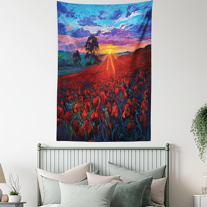 Ambesonne Country Tapestry Queen Size, Clouds at Sunset Paint Scenery of Poppy Flower Garden on Valley with Horizon, Wall Hanging Bedspread Bed Cover Wall Decor, 88" X 88", Burgundy Deep Sky Blue