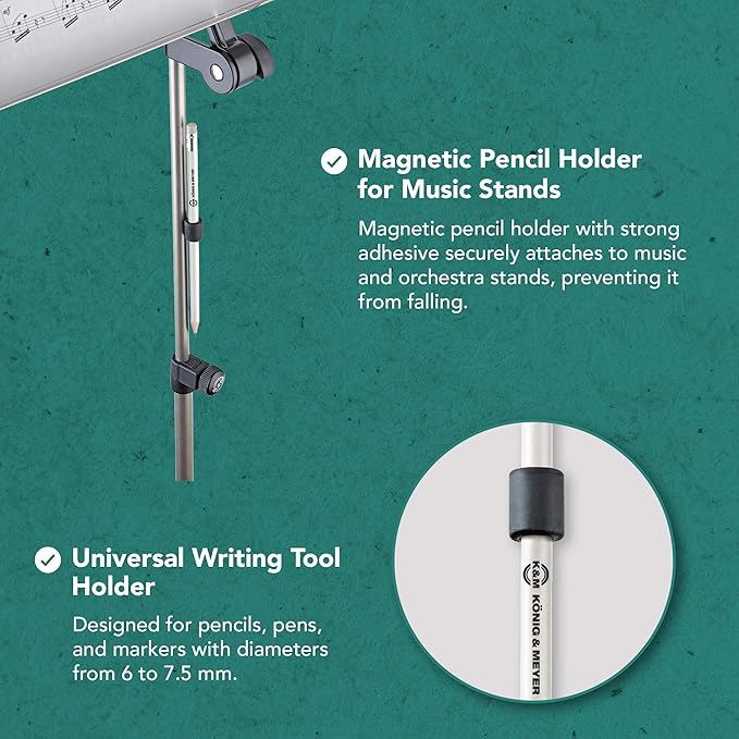 K&M Konig & Meyer Magnetic Pencil/Pen Holder with White Colored Pencil - Magnetic Holder with Strong Adhesive Great for Music and Orchestra Stands - 0.01kg