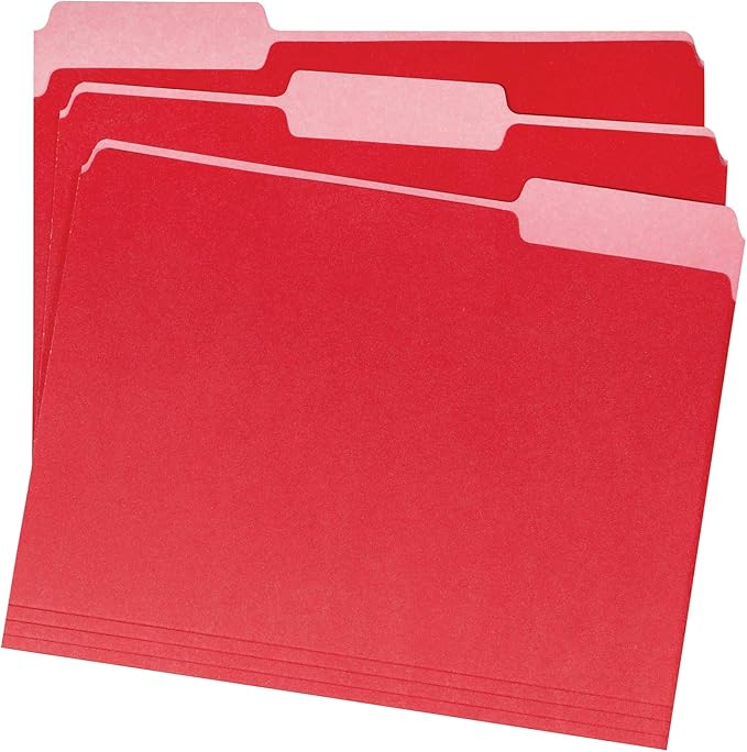 Amazon Basics File Folders for Organization, Letter Size, 1/3 Cut Tab, Red, 36-Pack