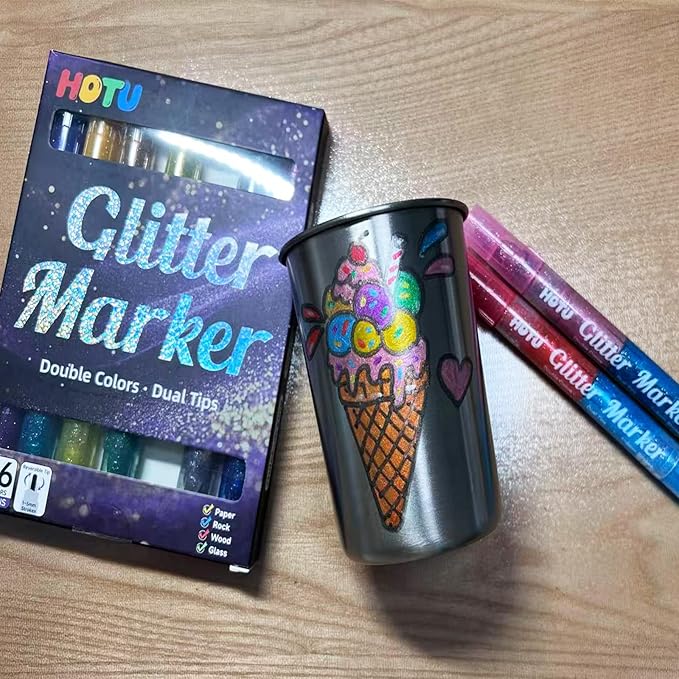Glitter Markers Pens, 16 Colors Glitter Acrylic Paint Pens, Sparkly Metallic Dual-Tone Reversible Smooth Tips Shimmer Marker 8 Count for Coloring, Rock Painting, Wood, Fabric, DIY Craft