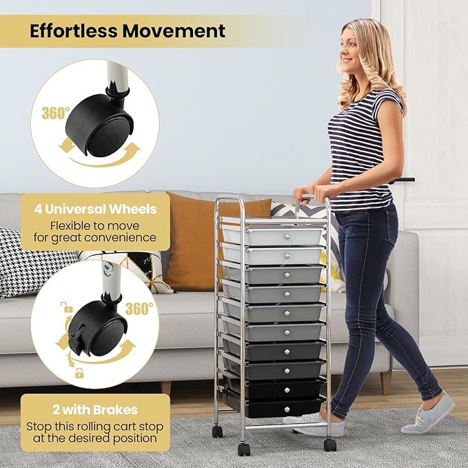 COSTWAY 10-Drawer Rolling Storage Cart, Utility Mobile Trolley with Removable Drawers & Universal Casters & 2 Brakes, Versatile Flexible Drawer Organizer Cart for Home, Office, Mixed Black
