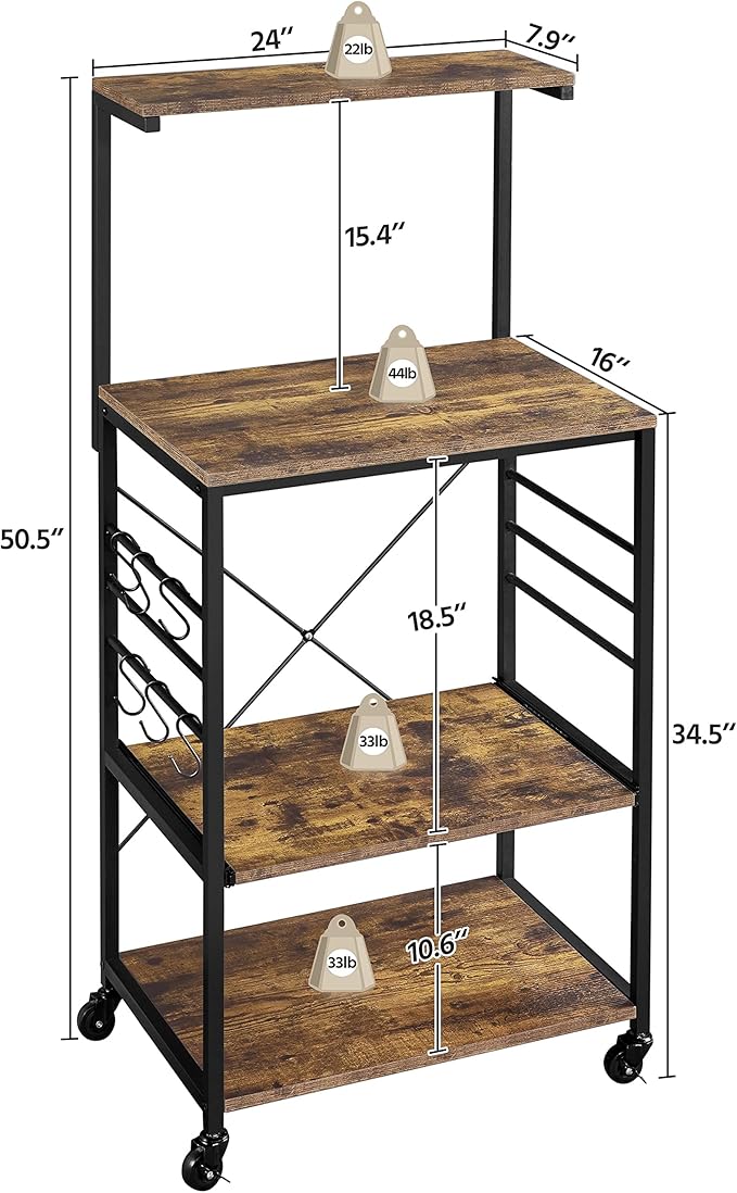Yaheetech Bakers Rack on Wheels(16D x 24W x 50H Inches), Microwave Stand Cart Coffee Bar Stand with 6 Hooks, Kitchen Utility Storage Cart with Spice Rack, Rustic Brown