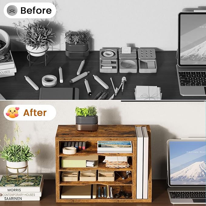 File Organizer Desktop, Wood Desk Organizer with 3 Adjustable Shelves, Mail Paper Sorter for Office, Home, File Holders for Envelopes, Mail Supplies or Magazines, Rustic Brown