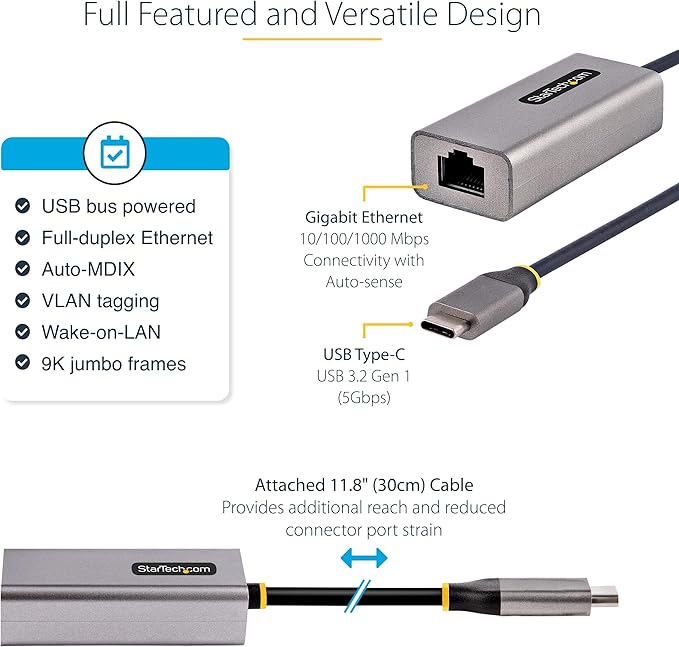 USB-C to Ethernet Adapter, 10/100/1000 Mbps, Gigabit Network Adapter, ASIX AX88179A, 1ft/30cm Cable, Windows/macOS/Linux