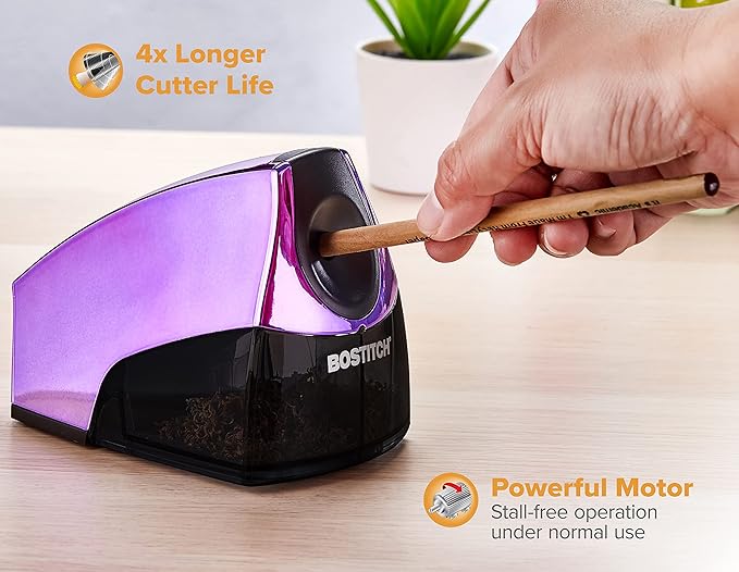Bostitch Office Electric Pencil Sharpener, Heavy Duty Powerful Stall-Free Motor, High Capacity Shavings Tray, Metallic Purple