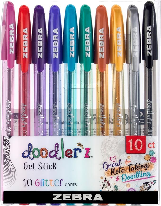 Zebra Pen, doodler’z Gel Stick Pens, 1.0mm Needle-Point Tip, Glitter, Neon, Pastel, Metallic Gel Ink, Vibrant Assorted Colors, Water-Based Ink, Art and School Pens, 10 Count Pack (41710)