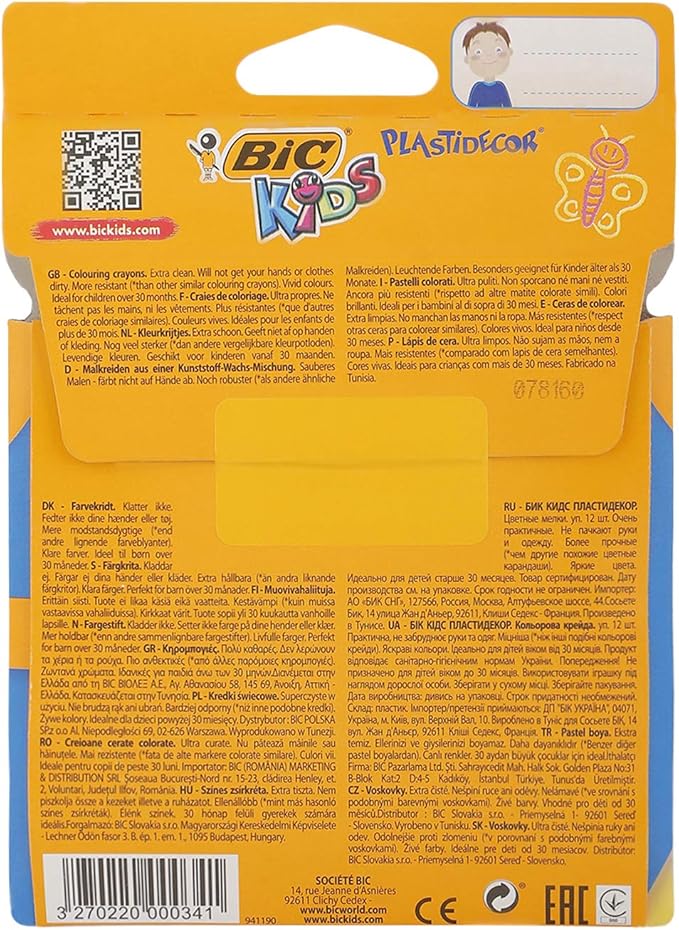 Bic Kids Plastidecor Crayons Colour Hard Long-lasting Sharpenable Vivid Assorted Ref 829770 [Pack of 12]