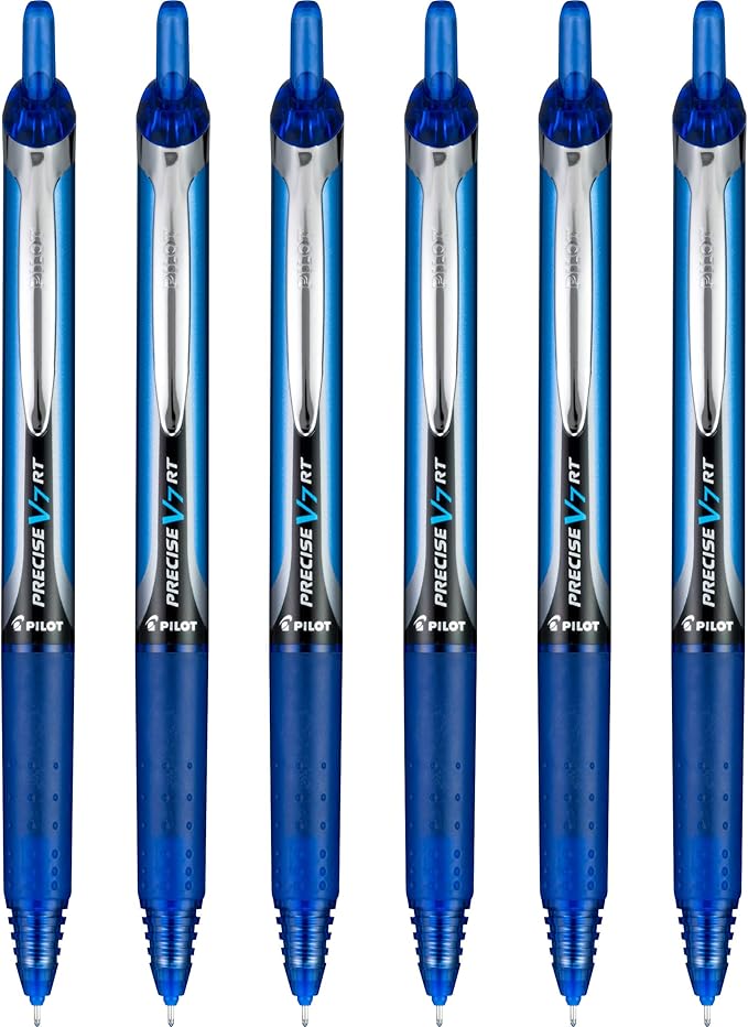 Pilot Precise V7 RT Refillable & Retractable Liquid Ink Rollerball Pens, Blue Ink Pens, Fine Point (0.7 mm), 6-Pack - Ideal for School, Journaling, and Office Writing