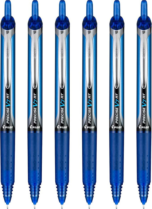 Pilot Precise V7 RT Refillable & Retractable Liquid Ink Rollerball Pens, Blue Ink Pens, Fine Point (0.7 mm), 6-Pack - Ideal for School, Journaling, and Office Writing