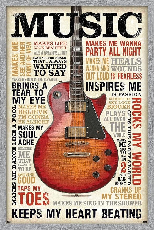 Music Inspires Me Wall Poster, 22.4L" x 14.7W", Gray Framed Version