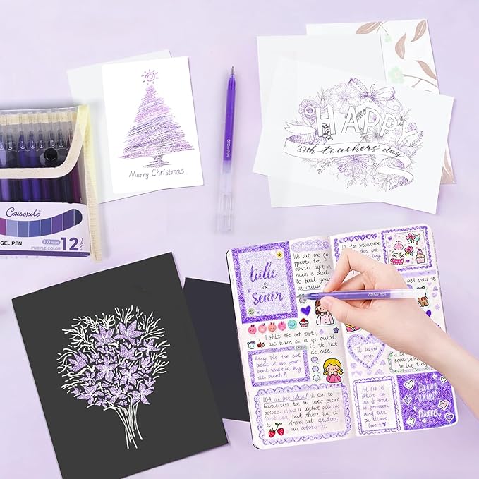 12 Purple Glitter Gel Pens Set, 1.0 mm Fine Point for Black Paper & White Paper, Large Capacity Pens for Journaling, Adult Coloring Books, Drawing, Note Taking, Highlighting