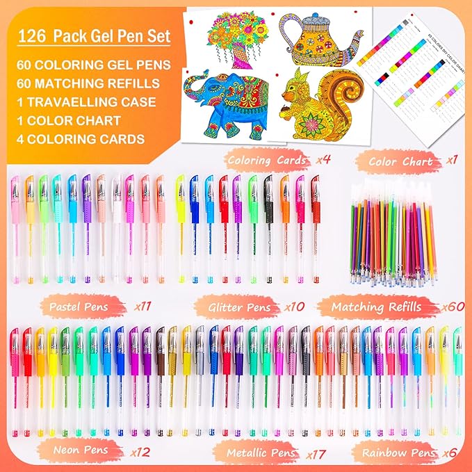 Soucolor Gel Pens for Adult Coloring Books, Deluxe 120 Pack-60 Colored Gel Pens, 60 Refills, with 40% More Ink, Art Markers Set, Black Case for Drawing Journaling Scrapbooking Art Kit Supplies