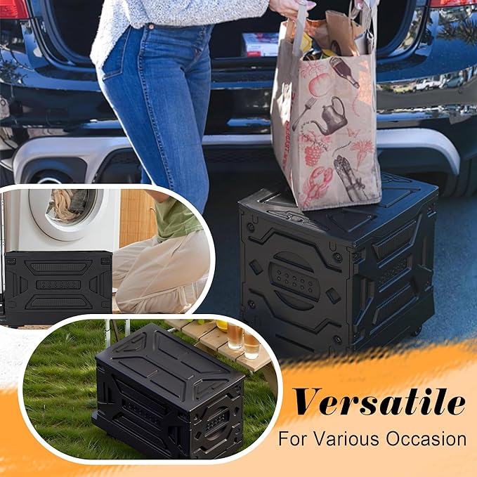VECELO Foldable Shopping Cart with Wheels, Collapsible Rolling Crate for Groceries, Folding Storage Box with Handle, Three Modes of Use, Ideal for Teacher, Trip, Outdoors, Etc., 16GAL, Black