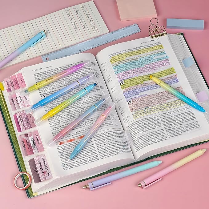 WRITECH Bible Mate Journaling Set: No Bleed Aesthetic Highlighters & 1.0 mm Black Ballpoint Pens, Bible Safe Dual Tip Highlighters, Pastel Colors, Fast-drying Ink, Journaling Kit, 9ct