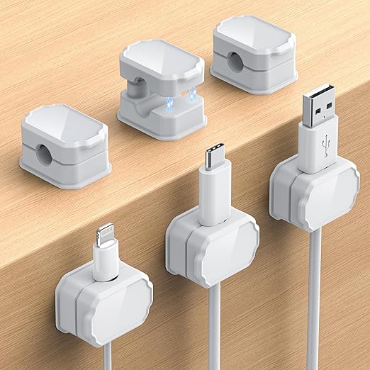 6 Pack Elastic Cable Clips [auto Tighten] Cable Holder, Desk Cable Management, Cord Organizer for Home Office Desk Phone car Wall Mounted Desktop nightstand Cable Management（White