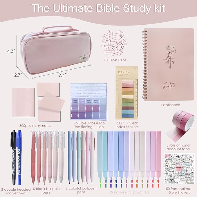 J6&H6 Complete Bible Study Supplies Journaling Kit with Tabs, Highlighter and Color Pens,Multi Functional Pencil case.Study Group Essentials Accessories Set for Women, Beginner Christian Gifts(Pink)