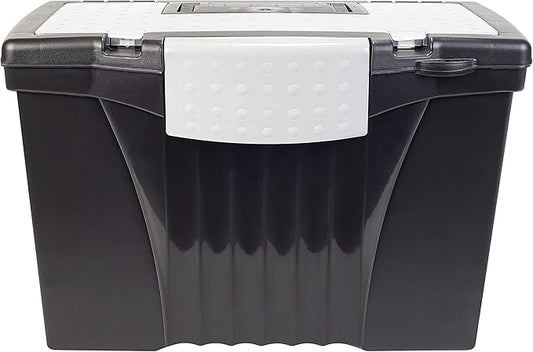 Storex Legal File Box with Organizer Lid – Plastic Office File Storage Box for Letter and Legal Hanging Folders, Obsidian, 1-Count (61510A01C)