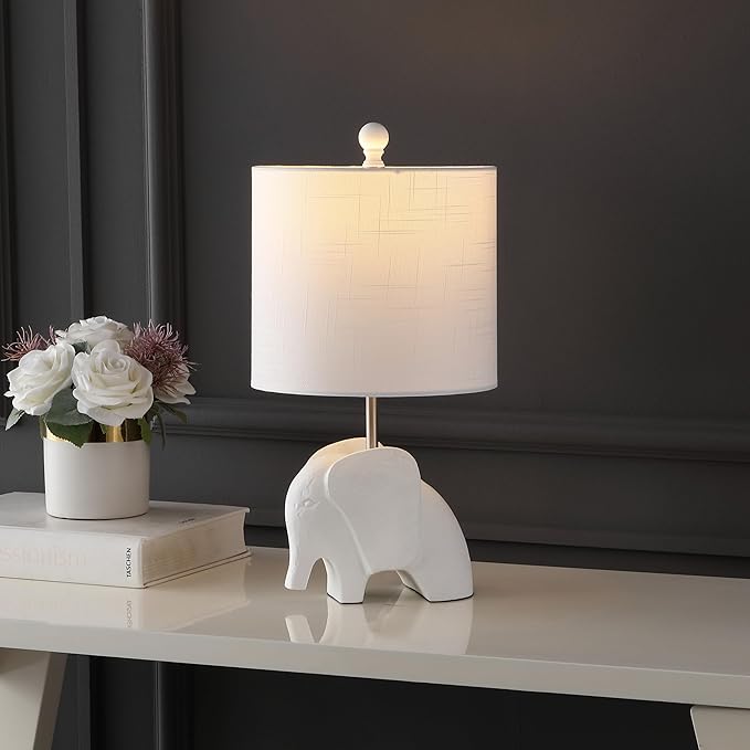 JONATHAN Y 17.5" White Elephant Kids Table Lamp, Whimsical Resin Bedside Lamp with White Linen Drum Shade for Bedroom Playroom Nursery, LED Bulb Included, UL Listed (JYL1143D)