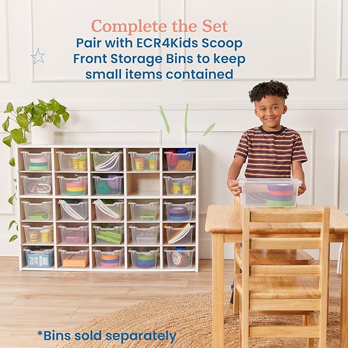 ECR4Kids Streamline 25 Cubby Tray Storage Cabinet, 5x5, Classroom Furniture, White Wash
