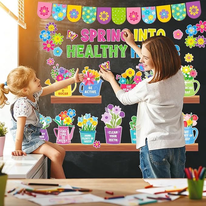 94 PCS Spring Bulletin Board Decoration - Flower Themed Classroom Decor Flower Bookshelf Bulletin Board Decor Spring into Healthy Habits for Offices Chalkboard Library Back to School Party Supplies