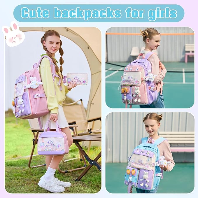 Backpack for Girls Cute Bookbag Set with Lunch Box Pencil Case Kawaii Bunny School Backpacks for Girl 3 Pcs Kindergarten Elementary Preschool Middle Sequin School Bag for Girls (Pink)