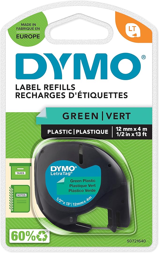 DYMO Authentic LT Plastic Labels | 12 mm x 4 m Roll | Black Print on Green Labels | for LetraTag Label Makers