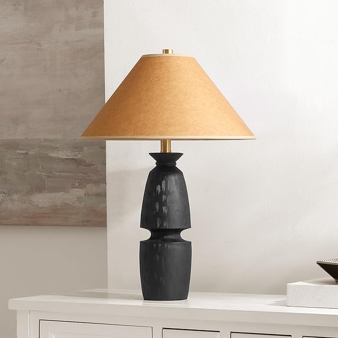 SAFAVIEH Lighting Collection Sola Black & Camel Brown Shade 24-inch Table Lamp for Bedroom, Living Room, Home Office, Desk, Nightstand (LED Bulb Included)