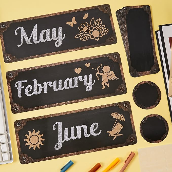 Gueevin 60 Pcs Industrial Chic Months of The Year Bulletin Board Set Holiday Monthly Headliners Employee of The Month Sign 12 Seasonal Monthly Headers for School Classroom Teacher Chalkboard Calendar