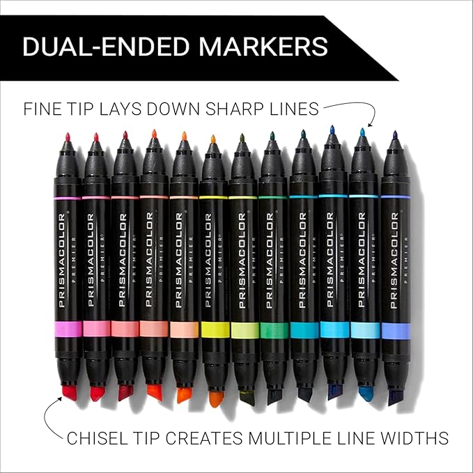 Prismacolor Premier Dual-Ended Art Markers, Chisel and Fine Tips, Hyper Bright Colors, 12 Count - Art Supplies, Alcohol-Based Ink, Creative, Artist, Adult Coloring