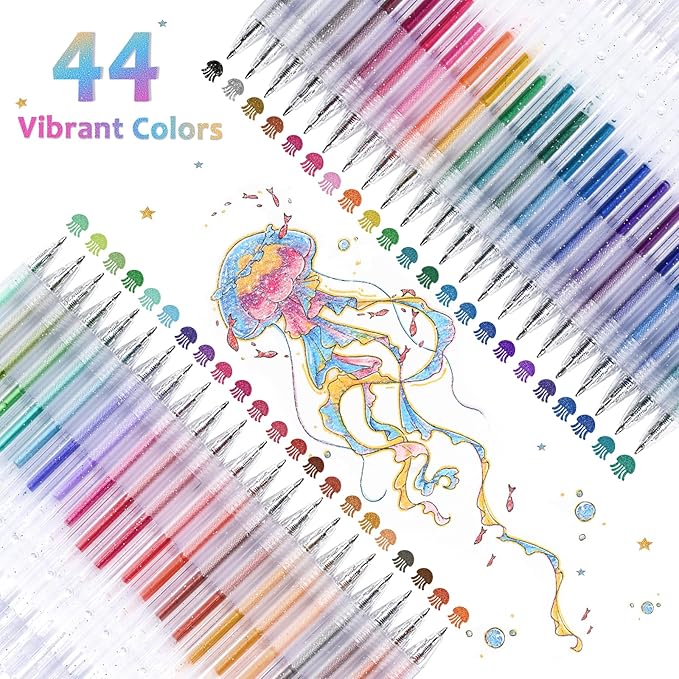 LET'S RESIN PAINT Glitter Gel Pens,44 Metallic Sparkly Colors Glitter Pens，Quick-Drying Gel Ink Pen,Retractable Colored Gel Pen for Adult Coloring Books，Valentine’s Day Gifts,Easter Basket Stuffers