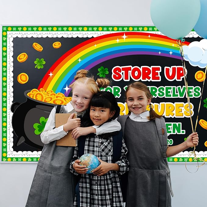 St. Patrick's Day Bulletin Board Decoration Set, March Religious Classroom Decorations Lucky Charms Shamrock Rainbow Pot of Gold Cutouts Irish Holiday Library School Home Window Door Decor for Teacher