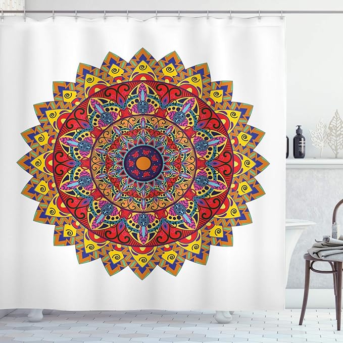 Ambesonne Ethnic Shower Curtain, Bohemic Hippie Design with Geometric Oriental Shapes Image Print, Cloth Fabric Bathroom Decor Set with Hooks, 69" W x 84" L, White