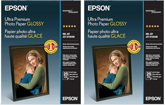 Epson Ultra Premium Photo Paper Glossy, Letter, 8.5 x 11, 25 Sheets (S042182), White (Pack of 2)