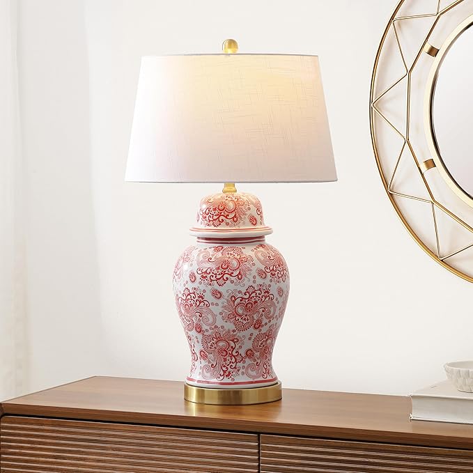 JONATHAN Y 29.5" Red/White Ceramic Table Lamp for Living Room and Office, White Linen Drum Shade, Traditional Chinoiserie Ginger Jar Lamp, LED Bulb Included (JYL3008C)